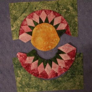 Hand pieced 6 inch block from the Inklingo Sunflower Collection